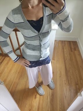 Aeropostale Gray & White Striped V-Neck Button Cardigan